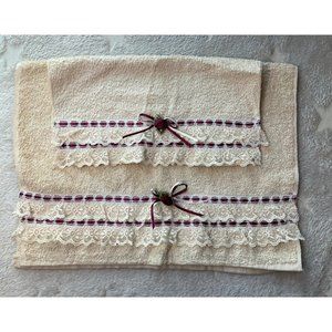 Vintage St.Mary's New W/Tags Hand Towels Beige Bow/Rose with flower Cotton Cotta